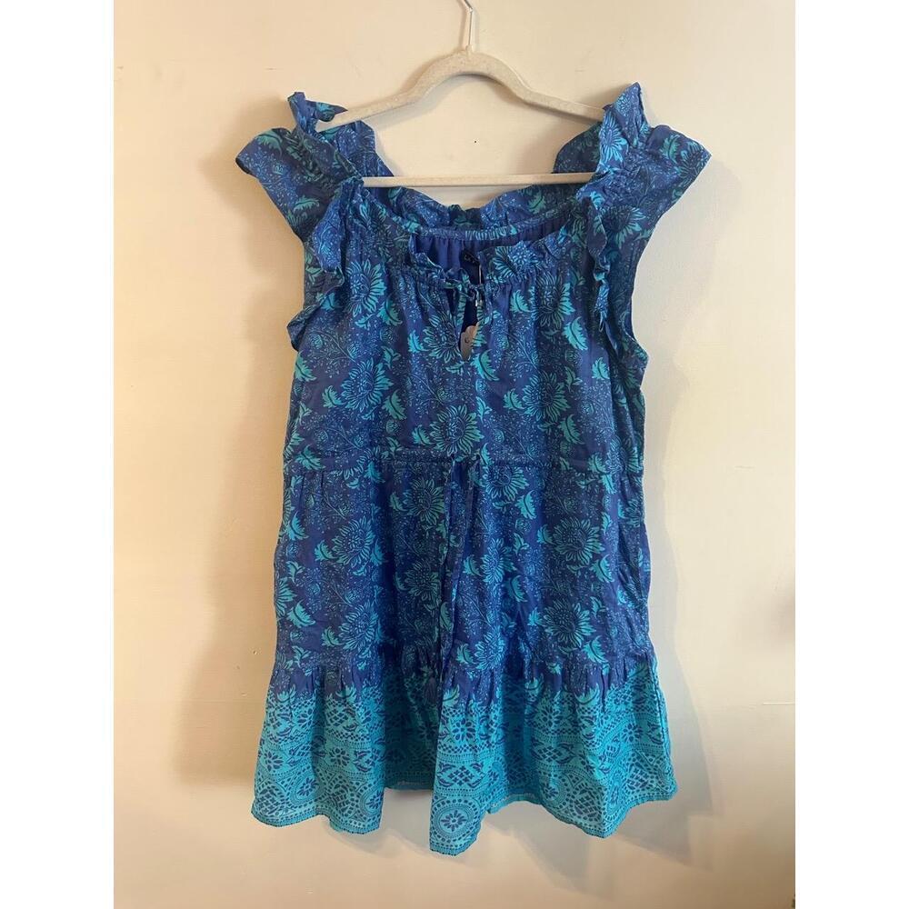 NWT La Plage Blue Floral Pattern Ruffle Sleeves‎ Sleeveless Dress Size Large
